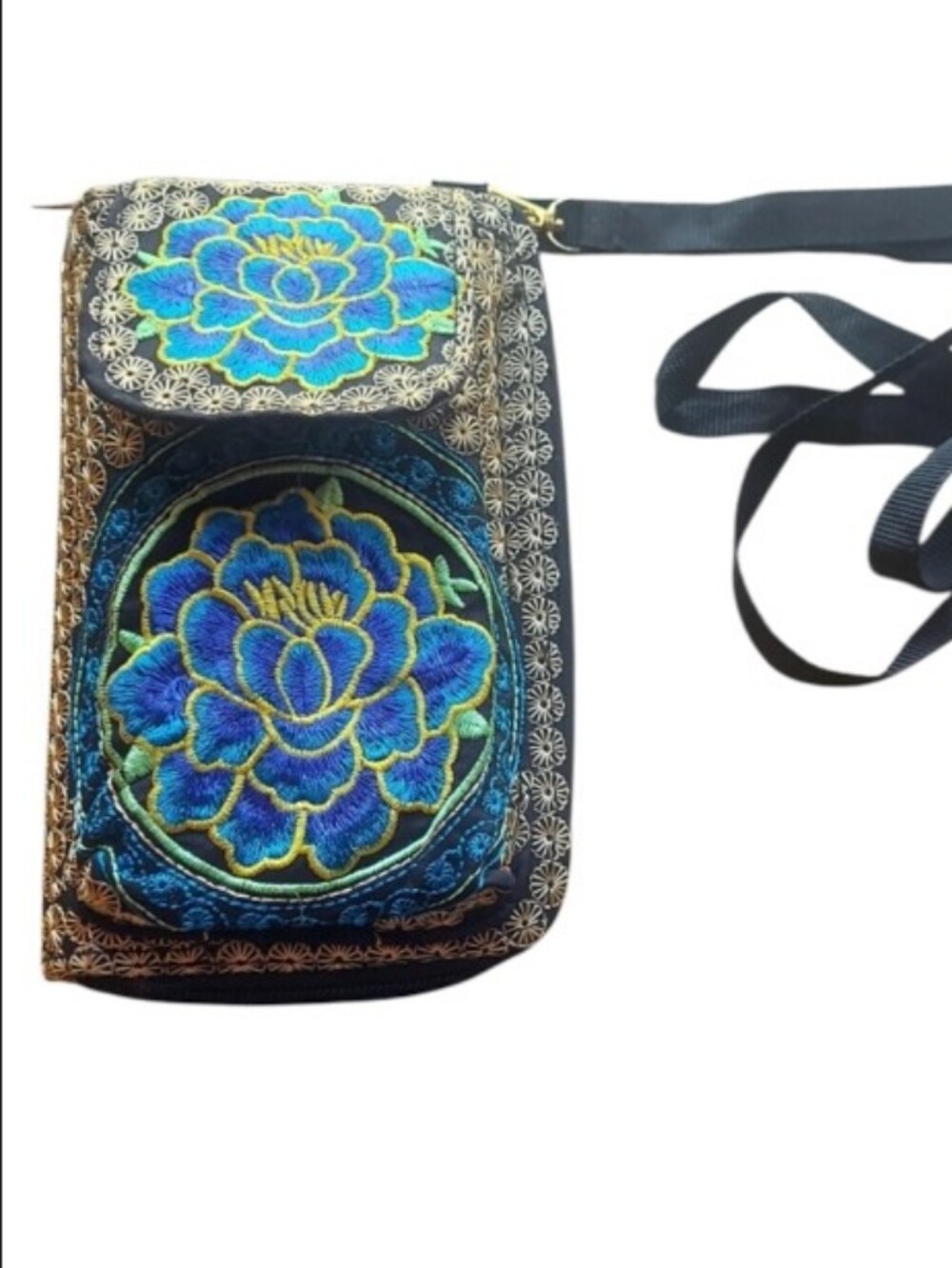 Embroidered Blue Floral Crossbody Zip Around Wallet Phone Holder